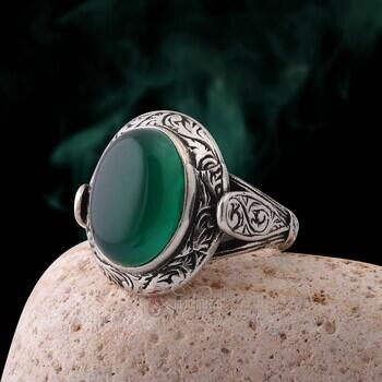 Özel Tasarım Yeşil Akik Taşlı Erzurum Kalem İşi Gümüş Yüzük - Osmanlı Pazar