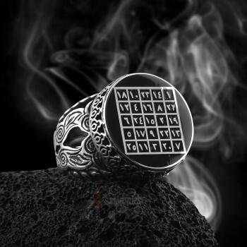 Özel VEFK İşlemeli Kırmızı Mineli 925 Ayar Gümüş Yüzük - Osmanlı Pazar