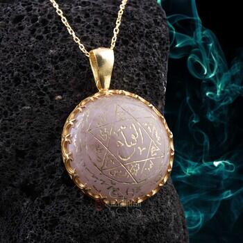 Pembe Kuvars Doğal Taşı Mührü Süleyman Altın Kaplama Gümüş Kolye - Osmanlı Pazar