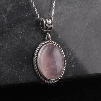 Pembe Kuvars Doğal Taşlı 925 Ayar Gümüş Minimal Kolye - Osmanlı Pazar