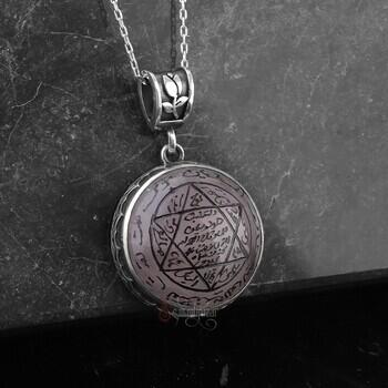 Pembe Kuvars Doğal Taşlı 925 Ayar Gümüş Süleyman Mührü Kolye - Osmanlı Pazar