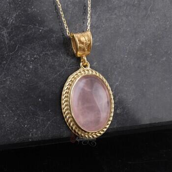 Pembe Kuvars Taşı 925 Ayar Gümüş Lale Motifli Minimal Kolye - Osmanlı Pazar