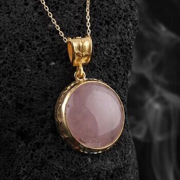 Pembe Kuvars Taşı Altın Kaplama 925 Ayar Gümüş Yuvarlak Model Lale Motifi Kolye - Osmanlı Pazar