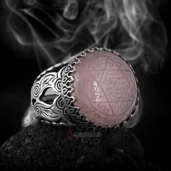 Pembe Kuvars Taşı Mührü Süleyman 925 Ayar Gümüş Motifli Yüzük - Osmanlı Pazar