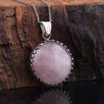 Pembe Kuvars Taşı Zikzak Motifli 925 Ayar Gümüş Kolye - Osmanlı Pazar