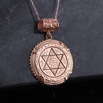 Rose Kaplama 925 Ayar Gümüş El Yazması Mührü Süleyman Özel İşçilikli Kolye - Osmanlı Pazar