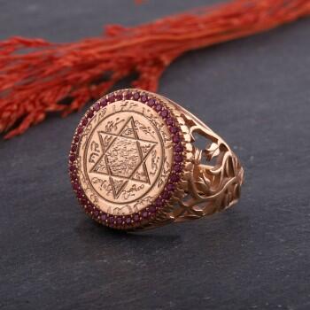 Rose Kaplama 925 Ayar Gümüş Pembe Zirkon Taşlı Süleyman Mührü Bayan Yüzük - Osmanlı Pazar