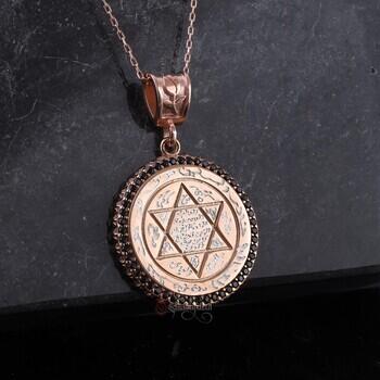 Rose Kaplama Gümüş Süleyman Mührü Kolye Elde Kazıma Zirkon Taşlı - Osmanlı Pazar