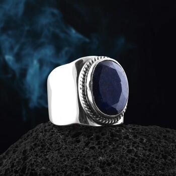 Safir Doğal Taşlı Erkek 925 Ayar Gümüş Yüzük - Osmanlı Pazar