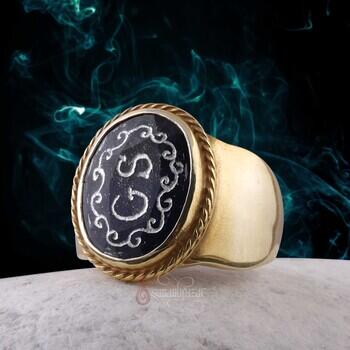 Safir Taşı Kişiye Özel Harf El Yazısı Altın Kaplama Gümüş Yüzük - Osmanlı Pazar