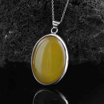 Sarı Akik Doğal Taşlı 925 Ayar Gümüş El İşçiliği Oval Model Kolye - Osmanlı Pazar