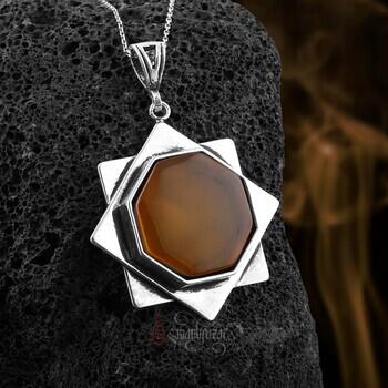 Sarı Akik Köşeli Taşlı 925 Ayar Gümüş El İşçiliği Kolye - Osmanlı Pazar