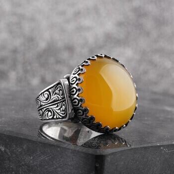 Sarı Akik Taşı 925 Ayar Gümüş Erzurum Kalem İşi Yüzük - Osmanlı Pazar