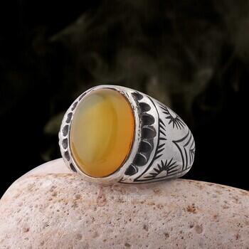 Sarı Akik Taşı 925 Ayar Gümüş Özel Yapım Usta İşçliği - Osmanlı Pazar