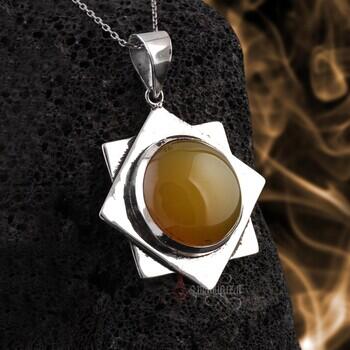 Sarı Akik Taşı 925 Ayar Gümüş Sekizgen Tasarım Kolye - Osmanlı Pazar