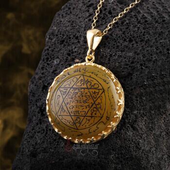 Sarı Akik Taşı Mührü Süleyman Altın Kaplama Gümüş Kolye - Osmanlı Pazar