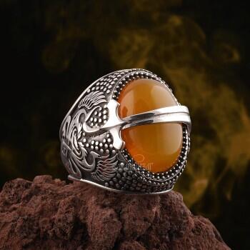 Sarı Akik Taşlı Zülfikar Özel Tasarım Gümüş Yüzük - Osmanlı Pazar