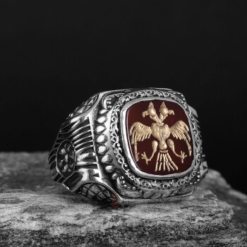 Selçuklu Çift Başlı Kartal Akik Taşı 925 Ayar Gümüş Yüzük - Osmanlı Pazar