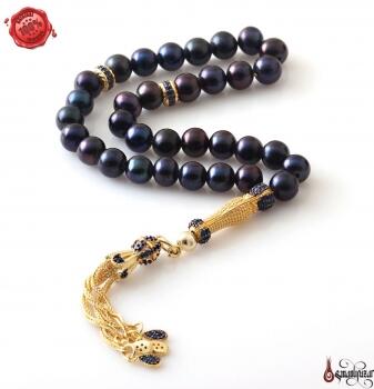 Siyah İnci Tesbih ALTIN KAPLAMA ZİRKON TAŞLI İMAME VE PÜSKÜLLÜ - Osmanlı Pazar