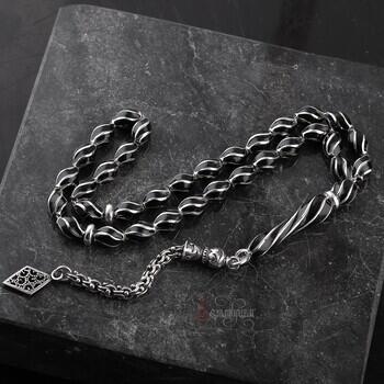 Siyah Oltu İşlemeli 925 Ayar Gümüş Tesbih - Osmanlı Pazar