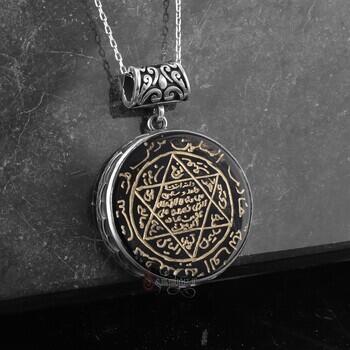 Siyah Oniks Doğal Taşlı 925 Ayar Gümüş Süleyman Mührü Kolye - Osmanlı Pazar