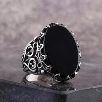 Siyah Oniks Taşı 925 Ayar Gümüş Tırnak İşlemeli Yüzük - Osmanlı Pazar