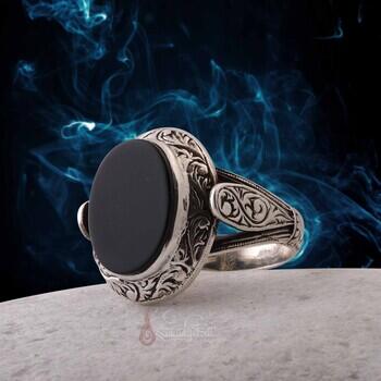 Siyah Oniks Taşı Erzurum El İşi Kalemkar İşçiliği 925 Ayar Gümüş Yüzük - Osmanlı Pazar