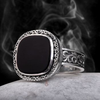 Siyah Oniks Taşı Erzurum Kalem İşçiliği 925 Ayar Gümüş Yüzük - Osmanlı Pazar