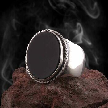 Siyah Onix Taşı 925 Ayar Gümüş Burma Sade Kasa Yüzük - Osmanlı Pazar