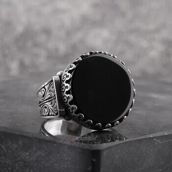 Siyah Onix Taşı 925 Ayar Gümüş Kalem İşi Yüzük - Osmanlı Pazar