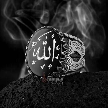 Siyah Onix Taşı ALLAH (c.c) Yazılı 925 Ayar Gümüş El Yapımı Yüzük - Osmanlı Pazar