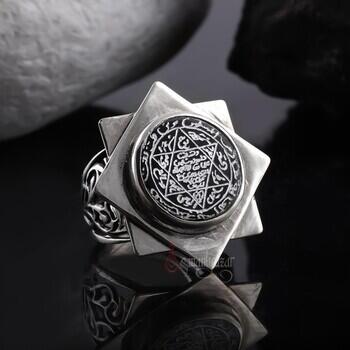 Hz. Süleyman Mührü 8 Köşe Model 925 Ayar Gümüş El İşçiliği Onix Taşı Yüzük - Osmanlı Pazar