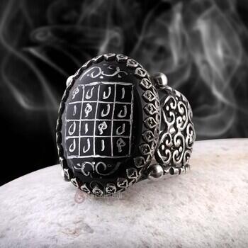 Siyah Onix Taşı Şifa Vefki 925 Ayar Gümüş Yüzük - Osmanlı Pazar