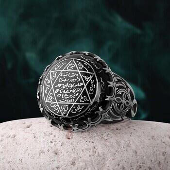 Siyah Onix Taşı Süleyman Mührü 925 Ayar Gümüş İşlemeli Yüzük - Osmanlı Pazar