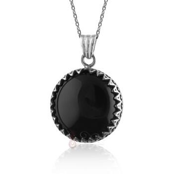 Siyah Onix Taşı Zikzak Motifli 925 Ayar Gümüş Kolye - Osmanlı Pazar