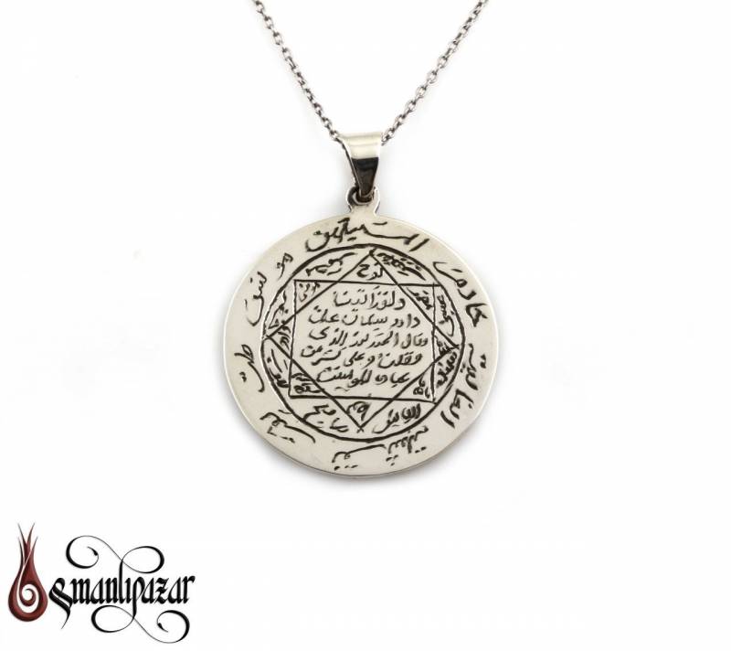 Süleyman Mührü Tamamı El Yazması 925 Ayar Gümüş Kolye - 30MM