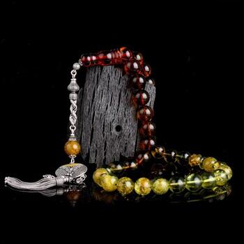 Süzme Renk Damla Kehribar 925 Ayar Gümüş Püsküllü Tesbih 11mm - Osmanlı Pazar