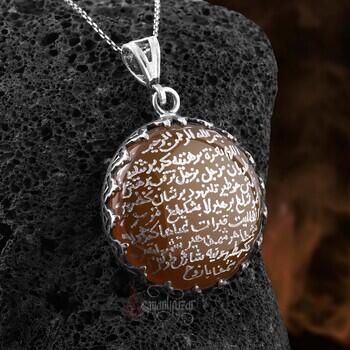 Tamamı El Yazısı Berhetiyye Duası Sarı Akik Taşı 925 Ayar Gümüş Kolye - Osmanlı Pazar