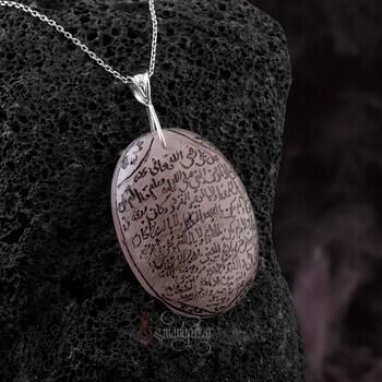 Tamamı El Yazısı Hilye-i Şerif Yazılı Doğal Pembe Kuvars Taşı Kolye - Osmanlı Pazar