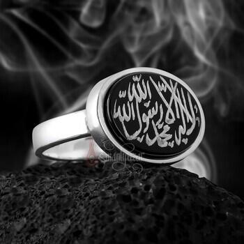 Tamamı El Yazması Kelime-i Tevhid Yazılı Onix Taşı 925 Ayar Gümüş Yüzük - Osmanlı Pazar