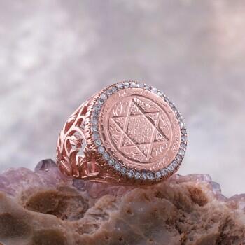 Tamamı EL Yazması Zirkon Taş Süslemeli ROSE Kaplama Bayan Mührü Süleyman Yüzük - Osmanlı Pazar