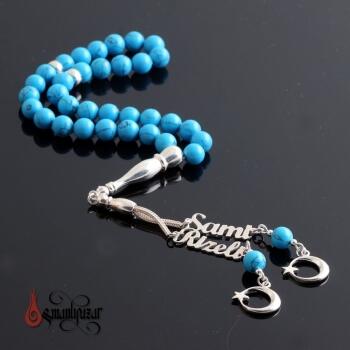 Turkuaz Taşlı 8x8mm Özel İsim Yazılı Püsküllü 925 Ayar Gümüş Tesbih - Osmanlı Pazar