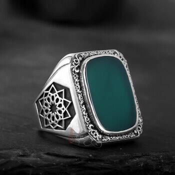 Üzeri Erzurum Kalem İşçiliği Kenarları Osmanlı Motifi Yeşil Akik Taşı Gümüş Yüzük - Osmanlı Pazar