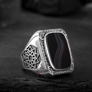 Üzeri Kalem İşçiliği Kenarları Osmanlı Motifi Çizgili Akik Taşı Gümüş Yüzük - Osmanlı Pazar