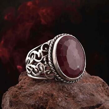 Yakut Doğal Taşlı El İşi 925 Ayar Gümüş Yüzük - Osmanlı Pazar