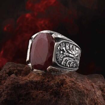 Yakut Doğal Taşlı Kalem İşçiliği Gümüş Yüzük - Osmanlı Pazar