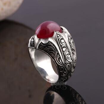 Yakut Taşı Nurullah Daştan Usta Kalem İşçiliği 925 Ayar Gümüş Yüzük - Osmanlı Pazar