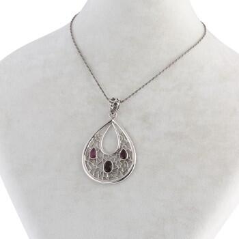 Yakut ve Dumanlı Kuvars Doğal Taşlı 925 Ayar Gümüş Özel Damla Tasarım Kolye - Osmanlı Pazar