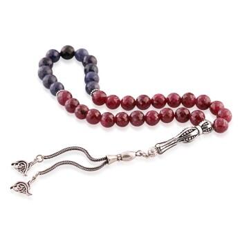 Yakut ve Safir Doğaltaşlı 925 Ayar Gümüş Püsküllü Tesbih - Osmanlı Pazar