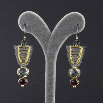 Yakut ve Yeşil Ametist Doğal Taşlı Rodyum Kaplama 925 Ayar Gümüş Küpe - Osmanlı Pazar